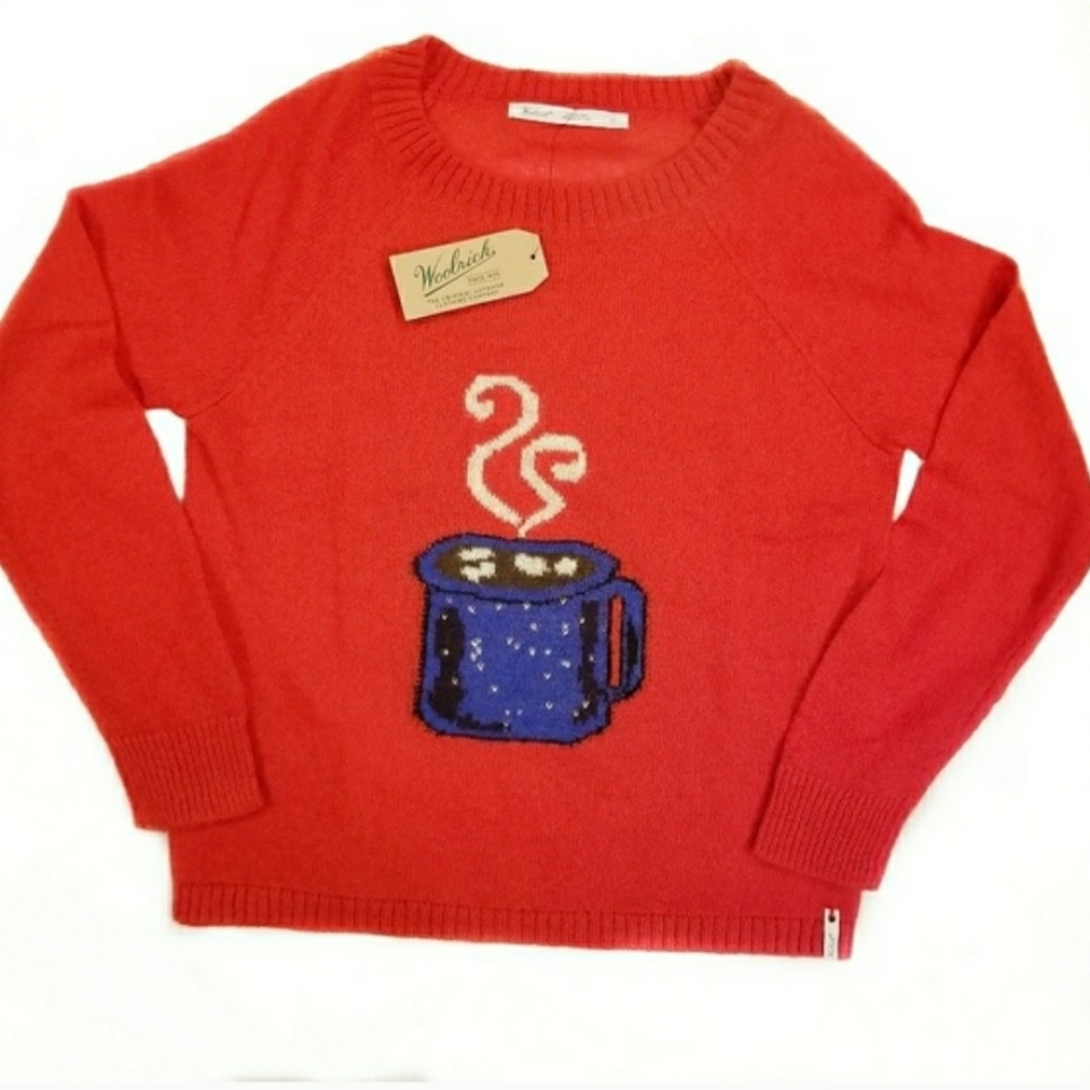 Red Woolrich Graphic Thin Sweater -LARGE- Mohair Blend Mug/Cup Design- GIFT